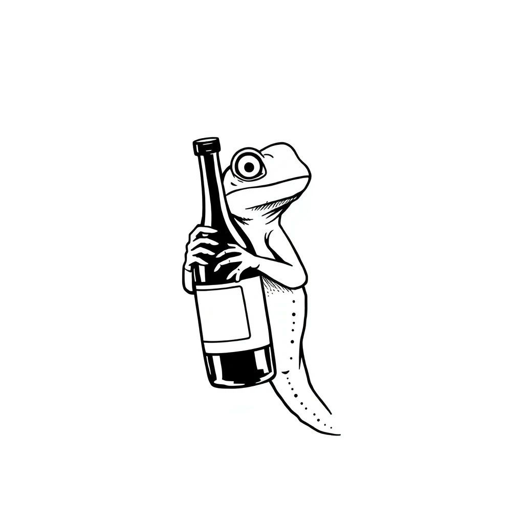 Tattoo of cute lizard with wine, Minimalist, Black and white