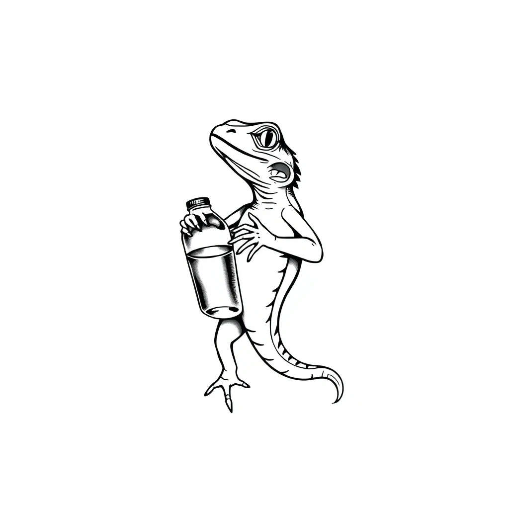 Tattoo of a lizard holding water bottle, Minimalist style, Black and white.