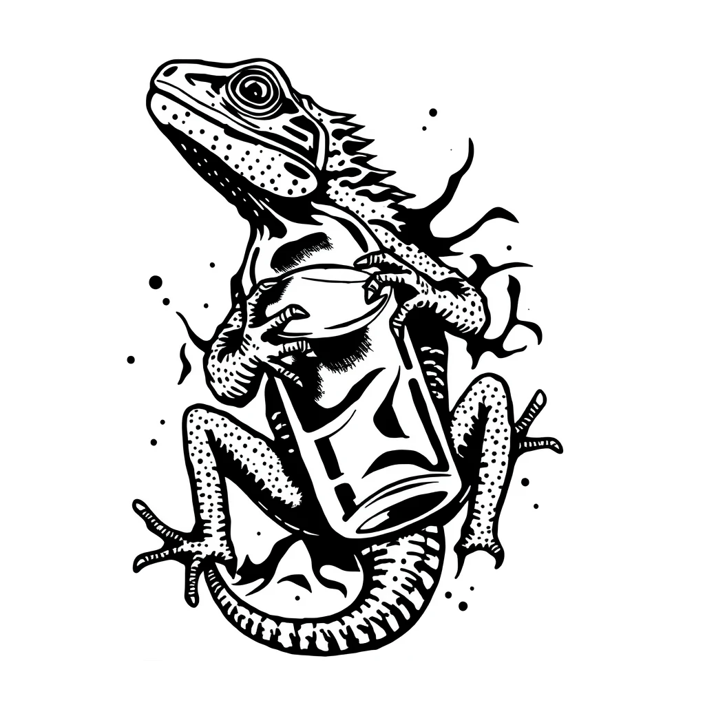 Tattoo of lizzard holding water bottle in Blackwork style, black and white design.