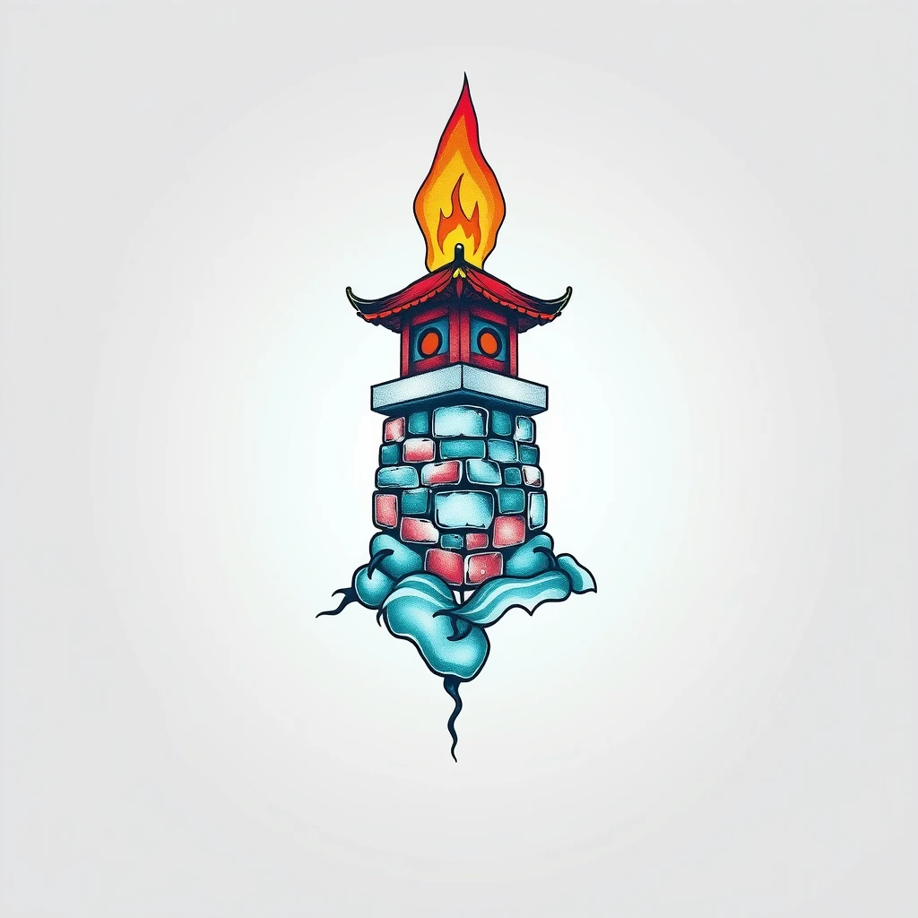 Chimney tattoo with flames and clouds design