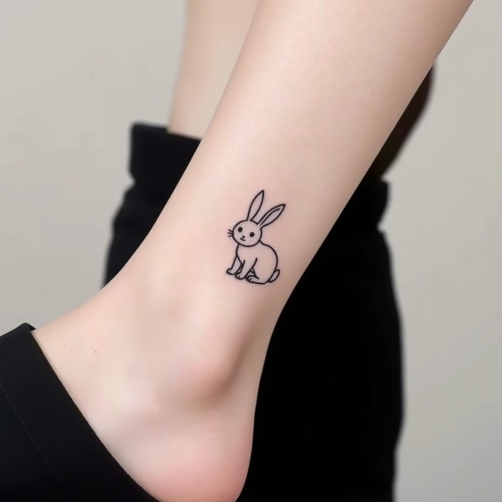 Tattoo of happy bunny in minimalist style, black and white, on women's ankle.