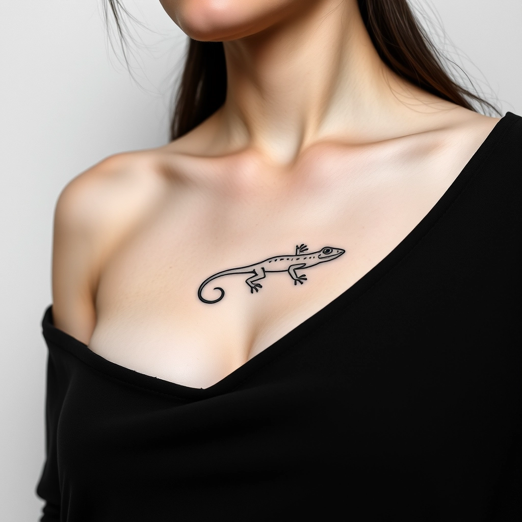 Minimalist lizard tattoo in black and white on women's chest