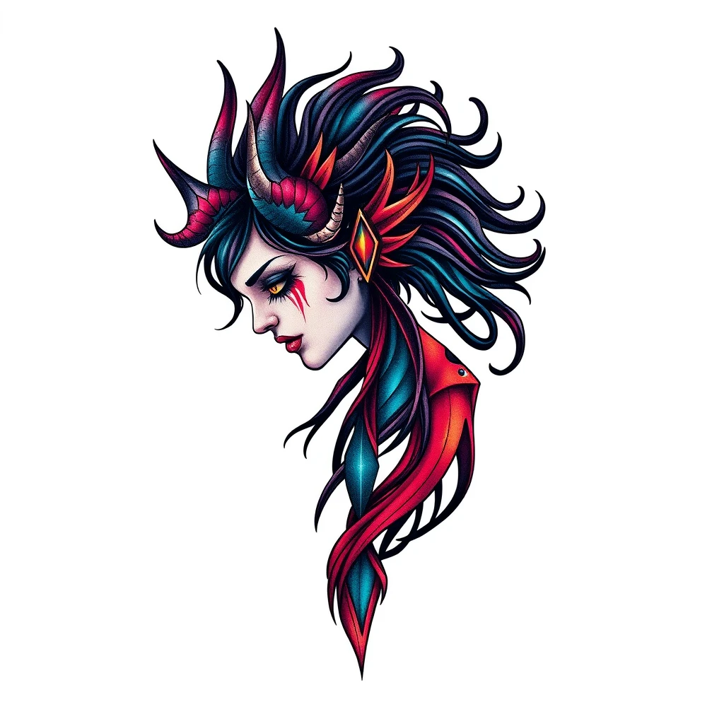 Nyx tattoo with vibrant colors and horns