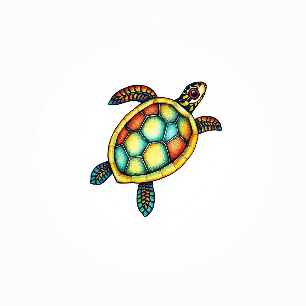 Colorful turtle tattoo with geometric patterns