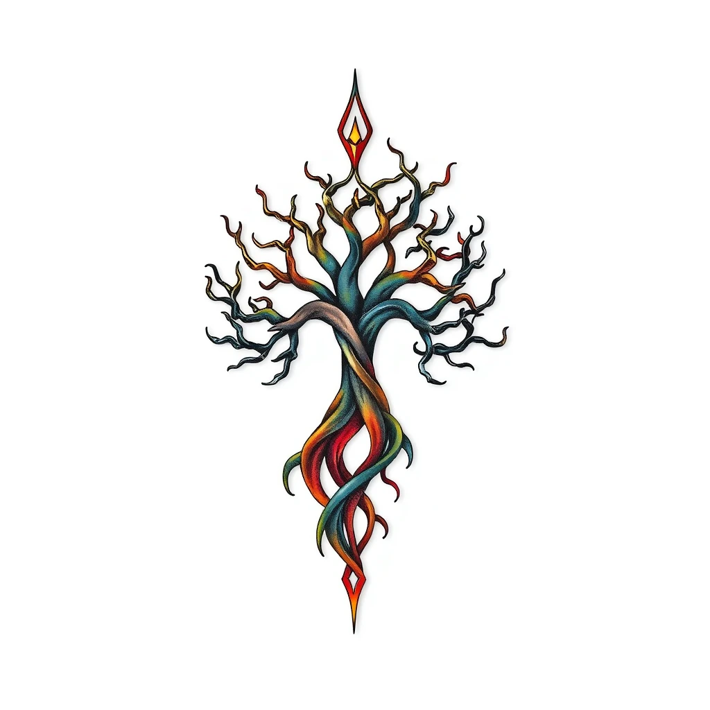 Colorful Yggdrasil tattoo with intricate branches