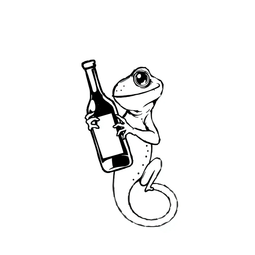 Tattoo of cute lizard holding wine, minimalist style, black and white.