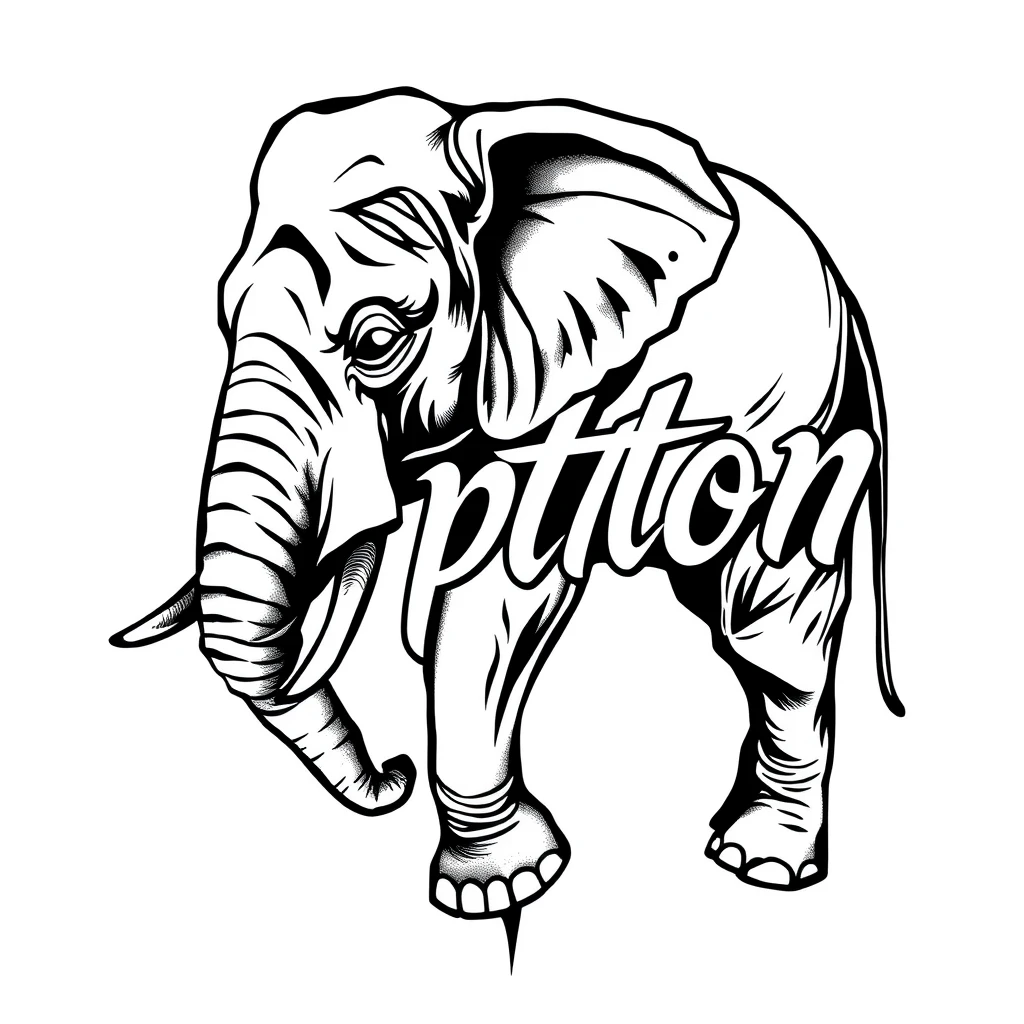 Tattoo of Elephant in lettering style, black and white