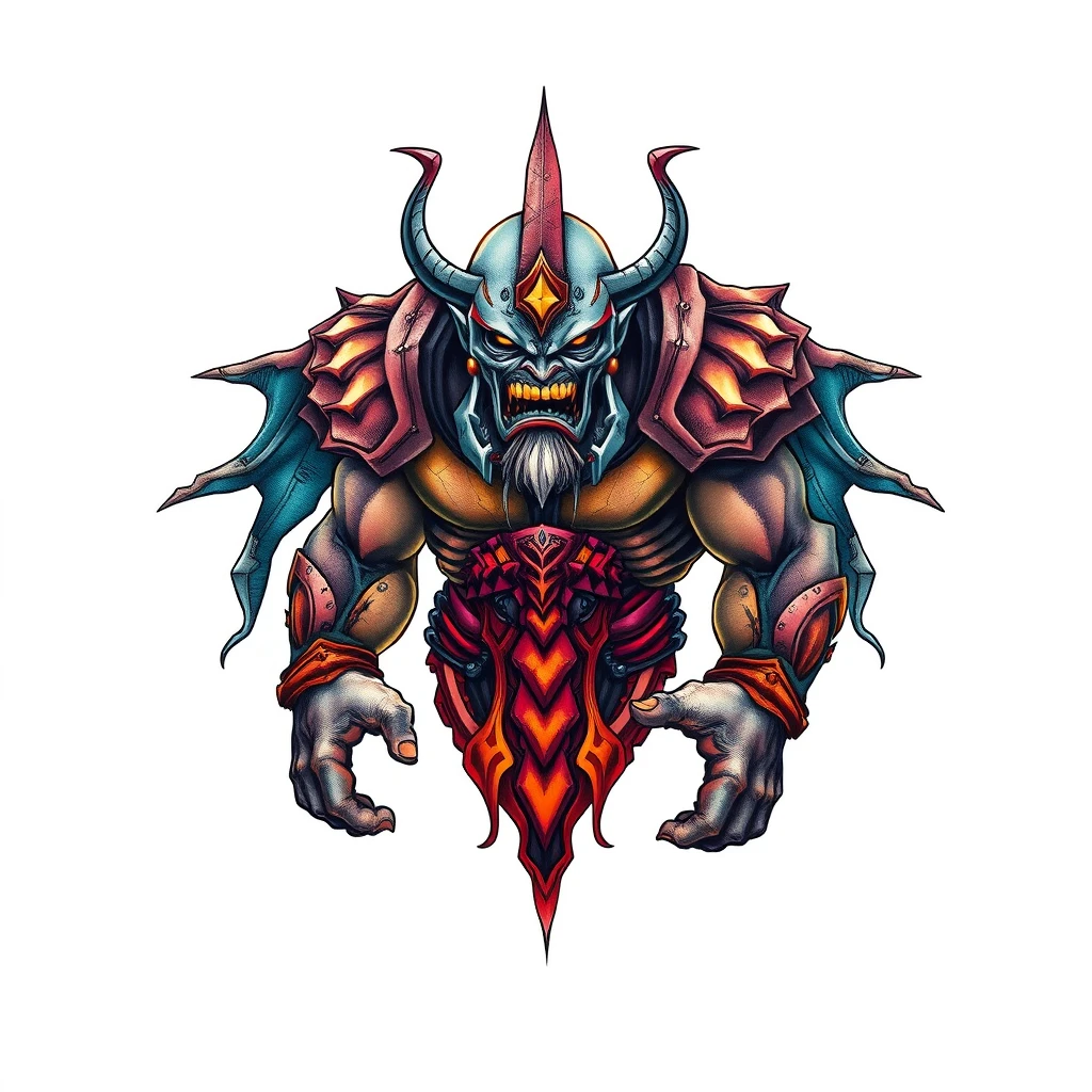 Colorful Golem tattoo with fierce expression