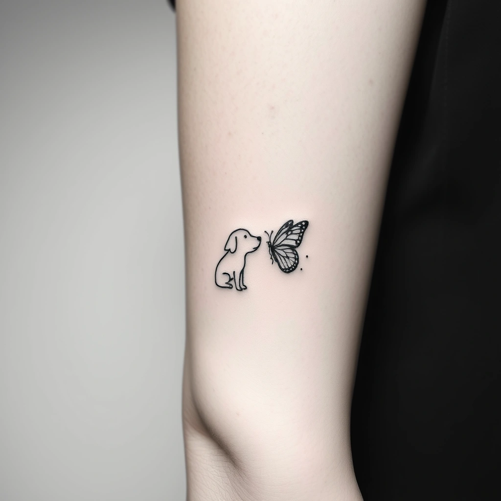 Tattoo of tiny dog and butterfly, minimalist style, black and white, on women's arm.