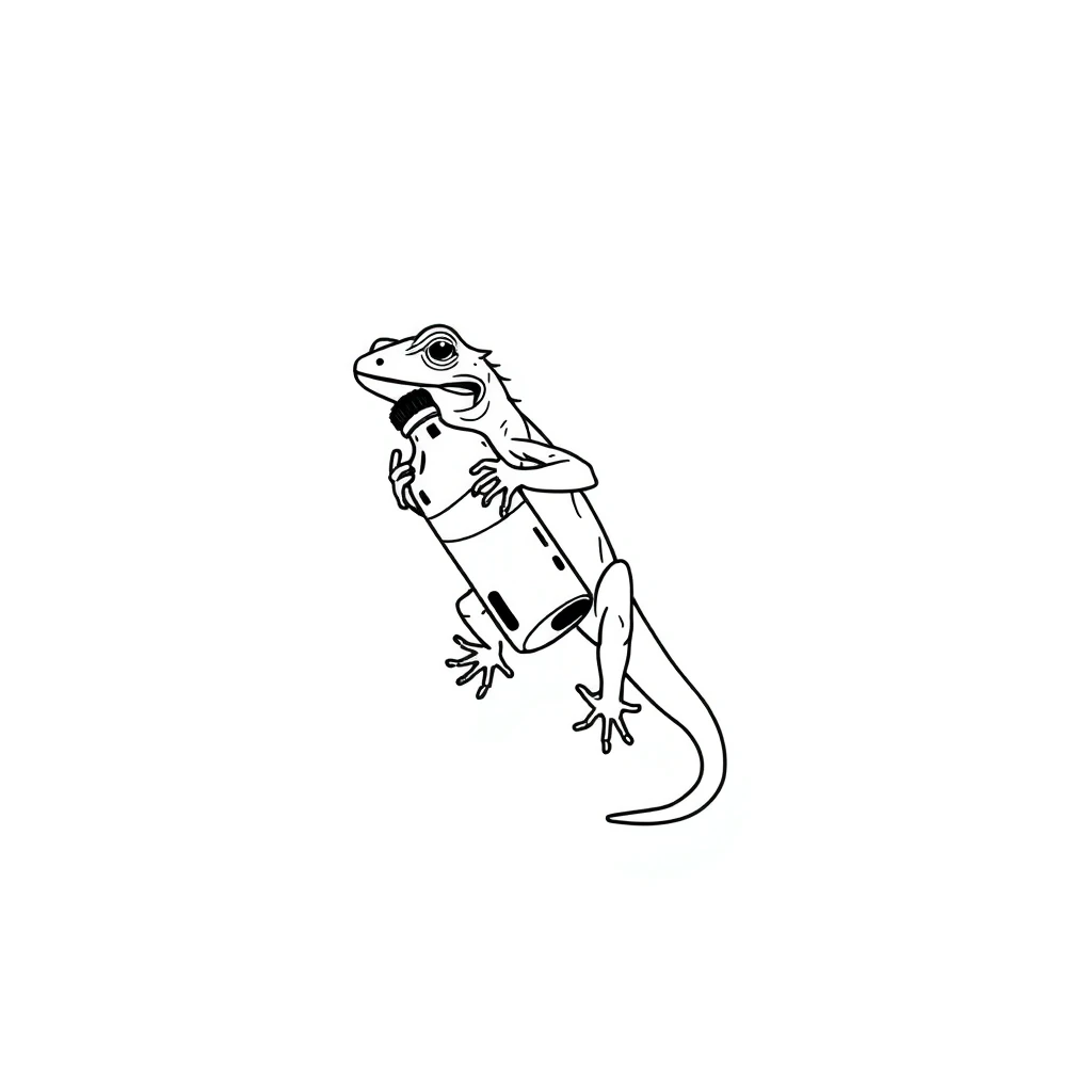 Tattoo of lizard holding water bottle, Minimalist, Black and white