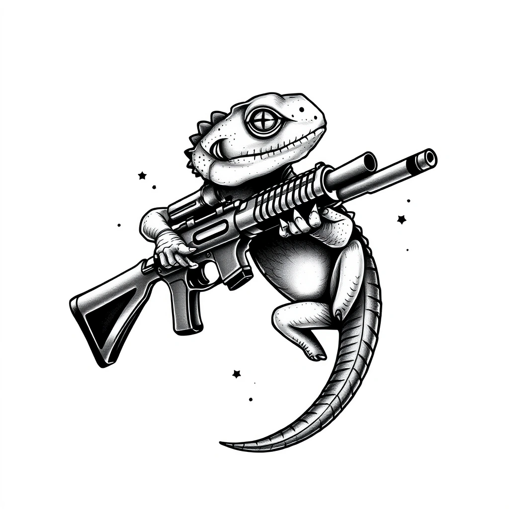 Tattoo of lizard with gun in Black and Grey