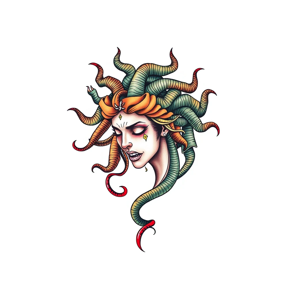 Colorful Medusa tattoo with snake hair design