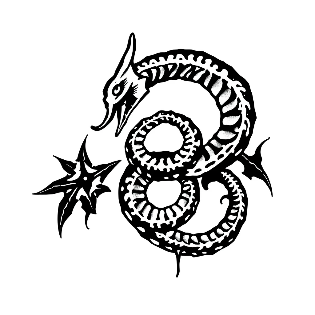 Tattoo design of small Ouroboros in Blackout style, black and white