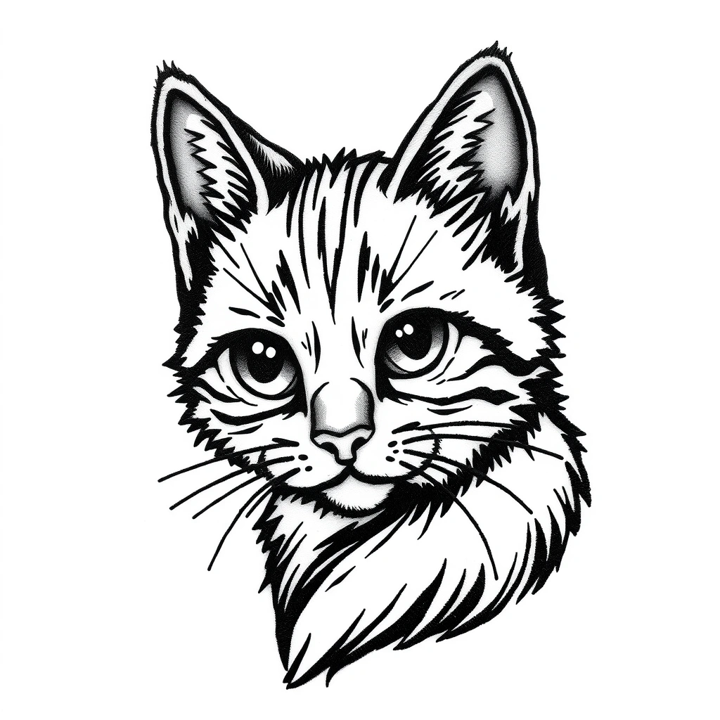 Tattoo of cute cat in black and white Embroidery style