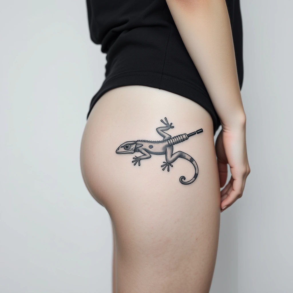 Tattoo of lizard with gun, minimalist style, black and white, on women's hip.