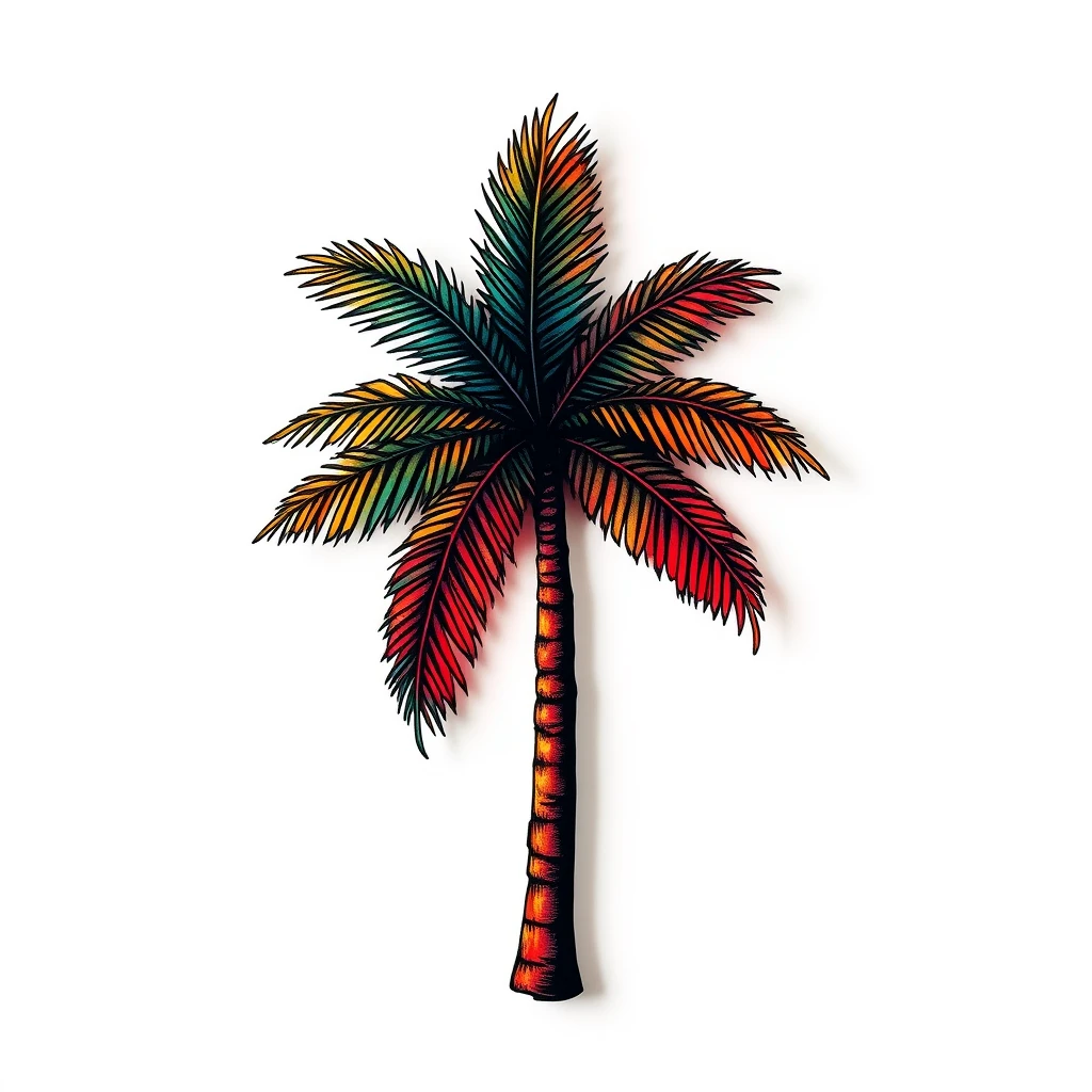 Colorful palm tree tattoo with vibrant details