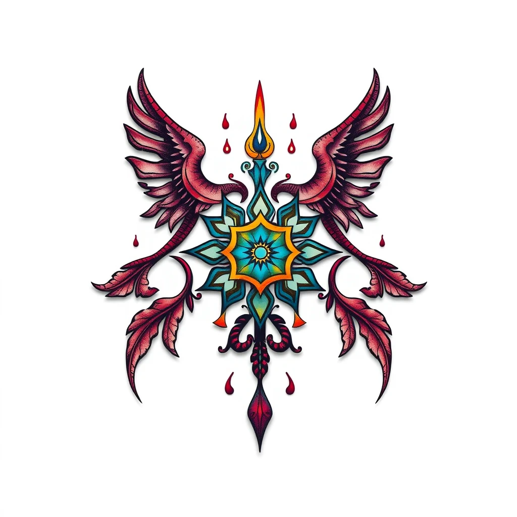 Colorful Mandorla tattoo with wings and flames