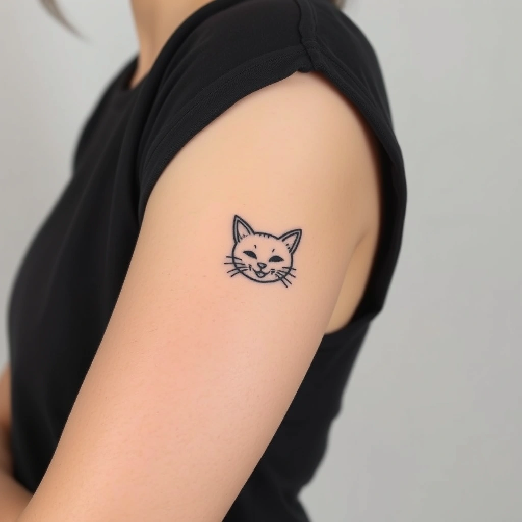 Tattoo of a cute smiling cat, minimalist black and white, on woman's armpit