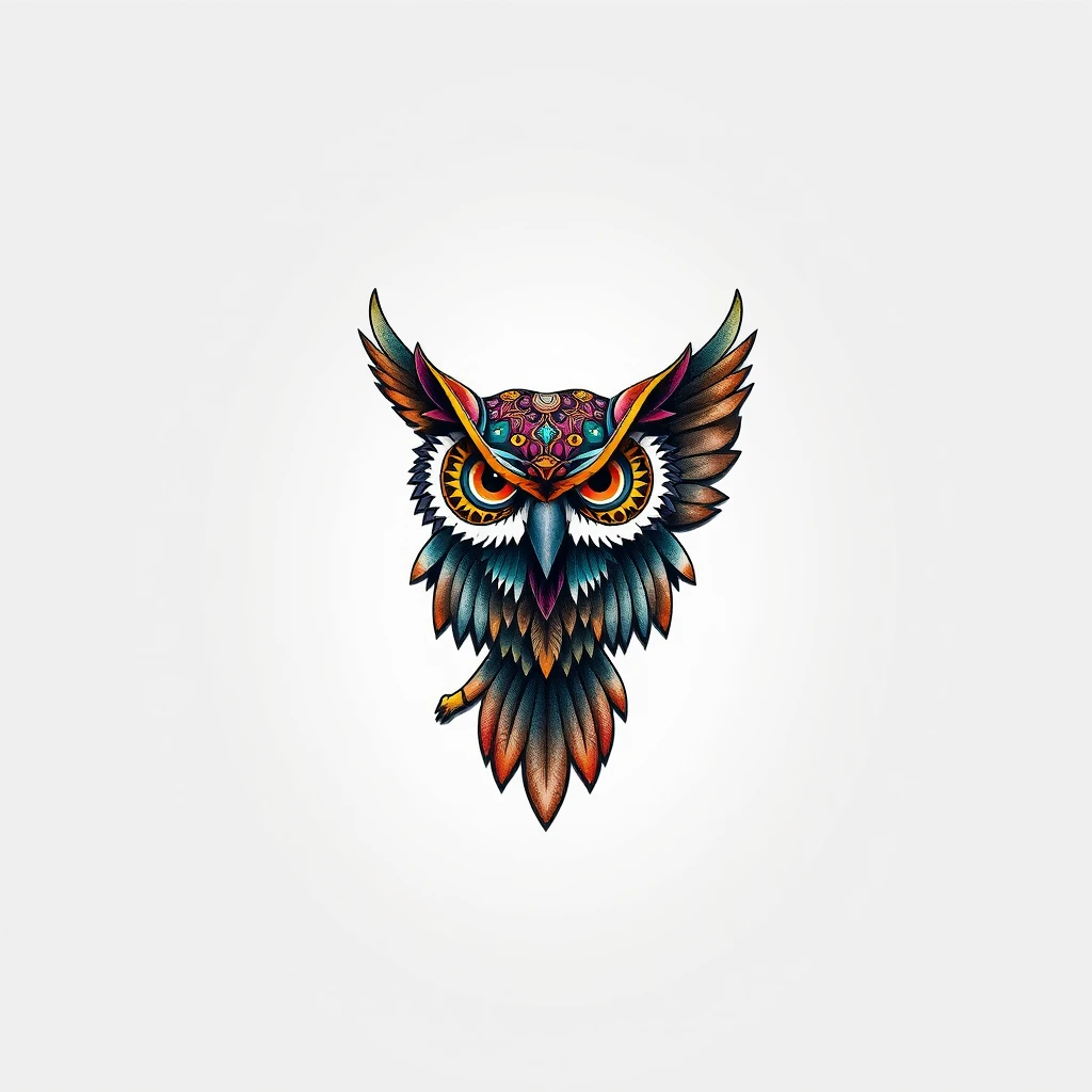 Vibrant owl tattoo with intricate designs and colors