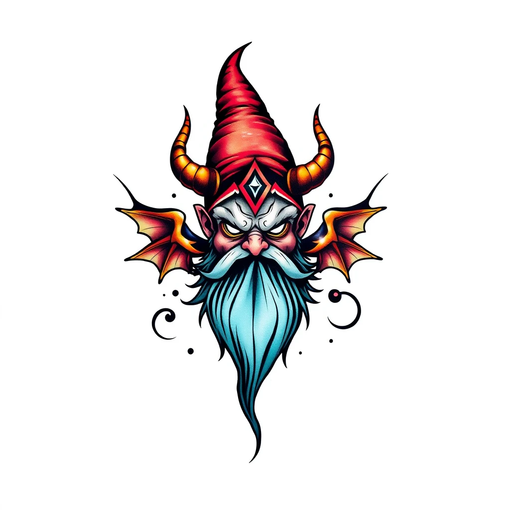 Colorful Gnomon tattoo featuring a bearded gnome