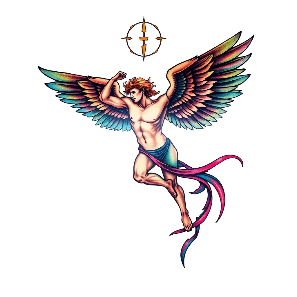 Colorful Icarus tattoo with detailed wings