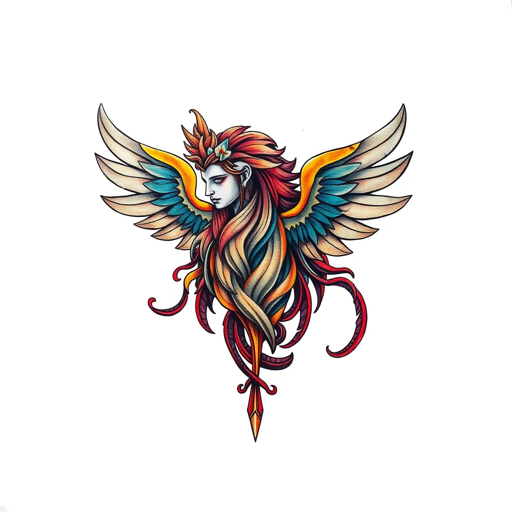 Colorful Genesis tattoo of a winged figure