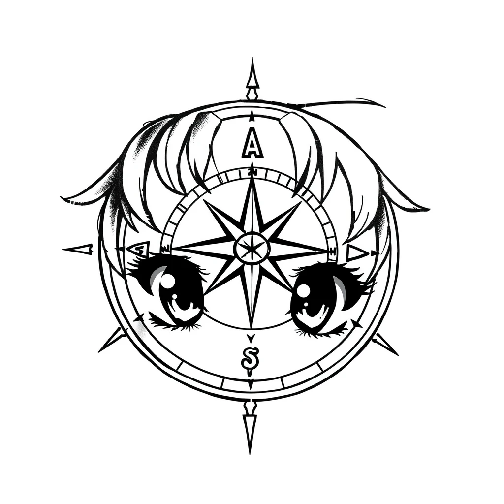 Tattoo of Compass in Black and White Anime style