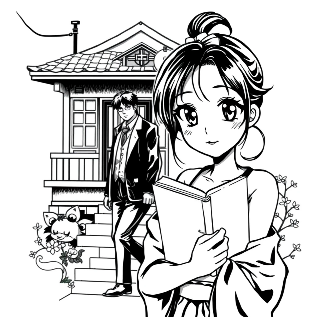 Anime tattoo of woman with book, black and white