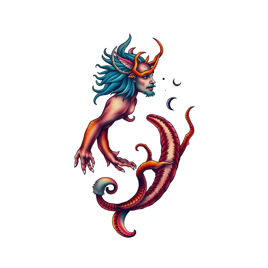 Oceanus tattoo featuring colorful mythical sea creature