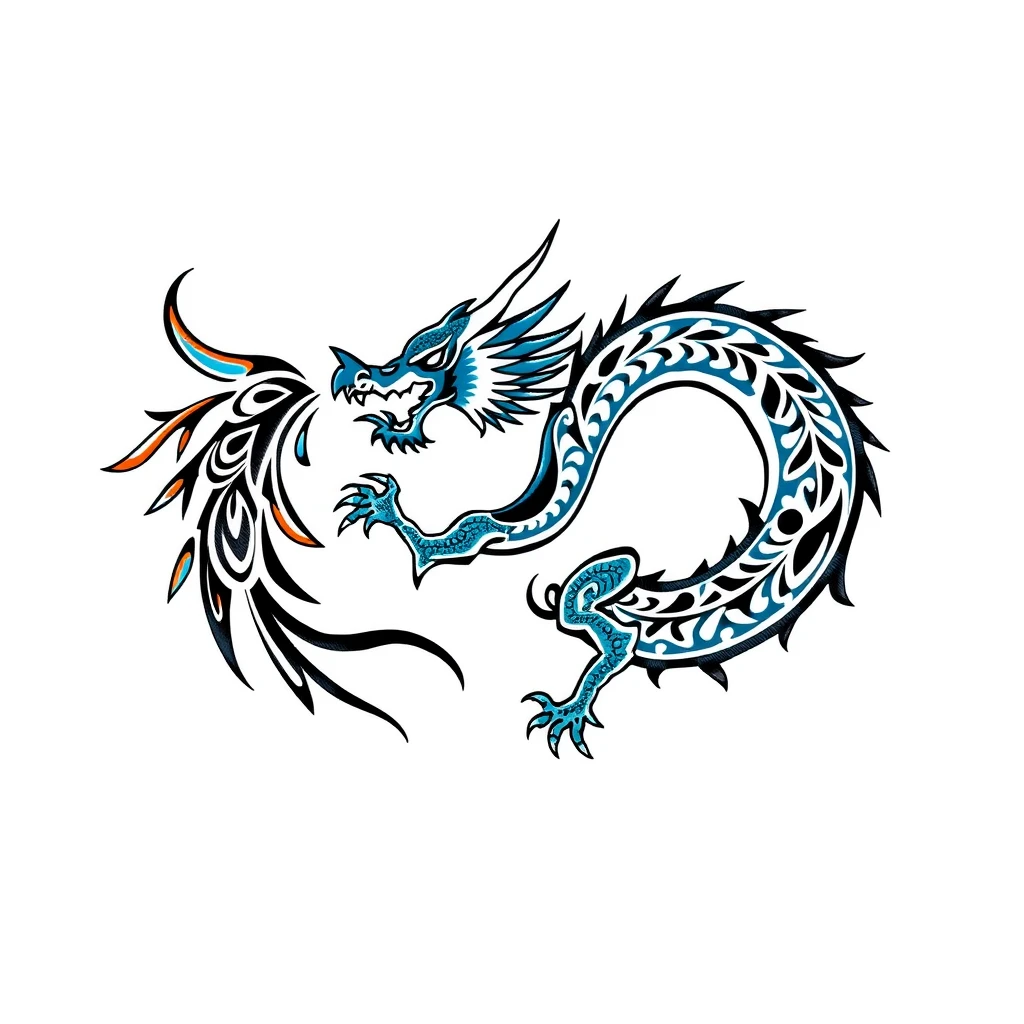 Tattoo of blue dragon in colorful tribal style