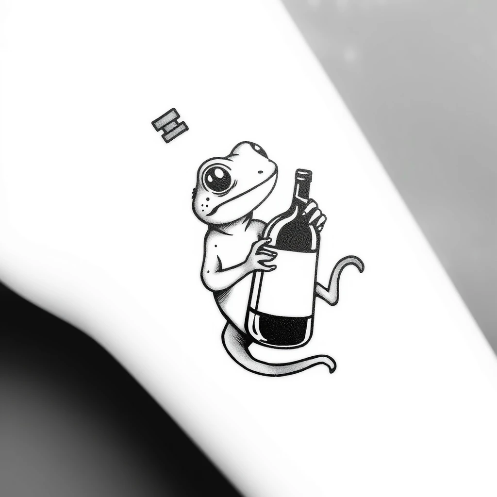 Tattoo of cute lizard holding wine, Minimalist, black and white