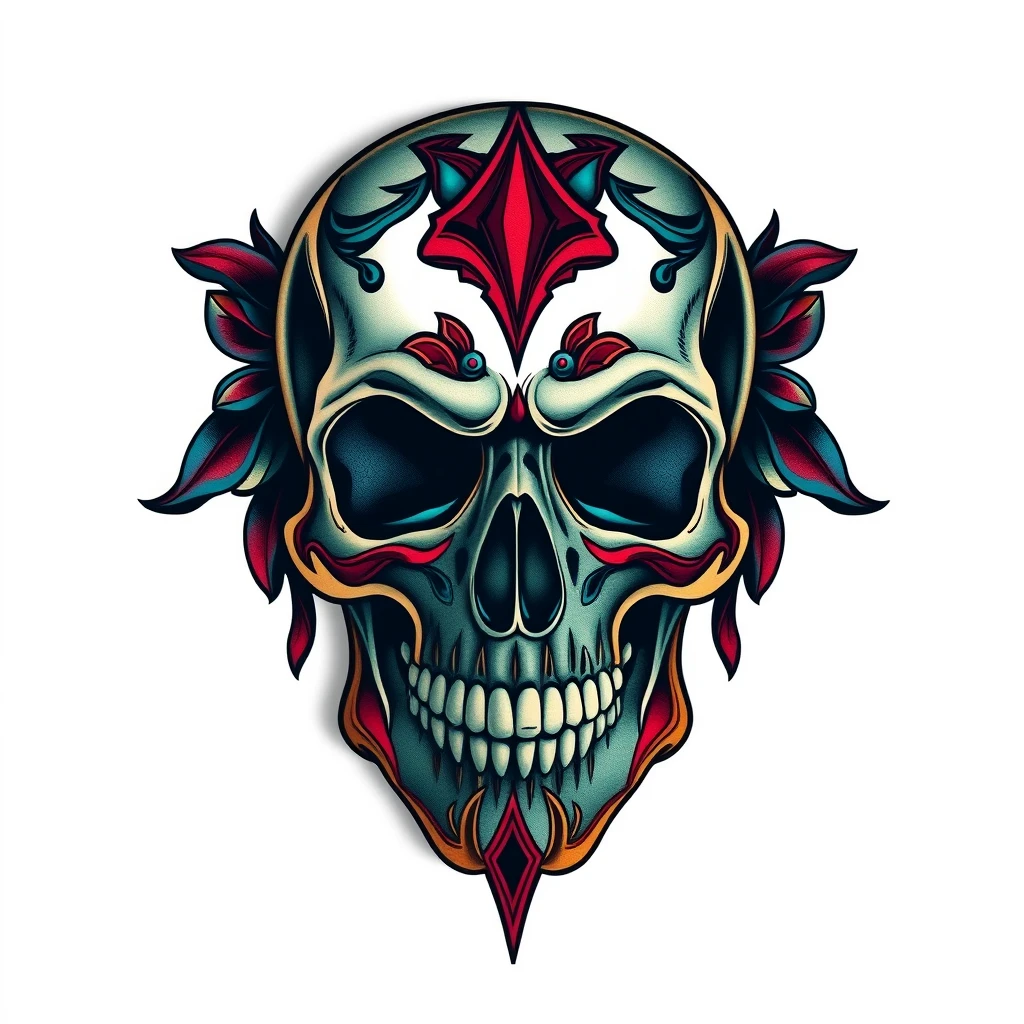 Colorful skull tattoo with intricate designs