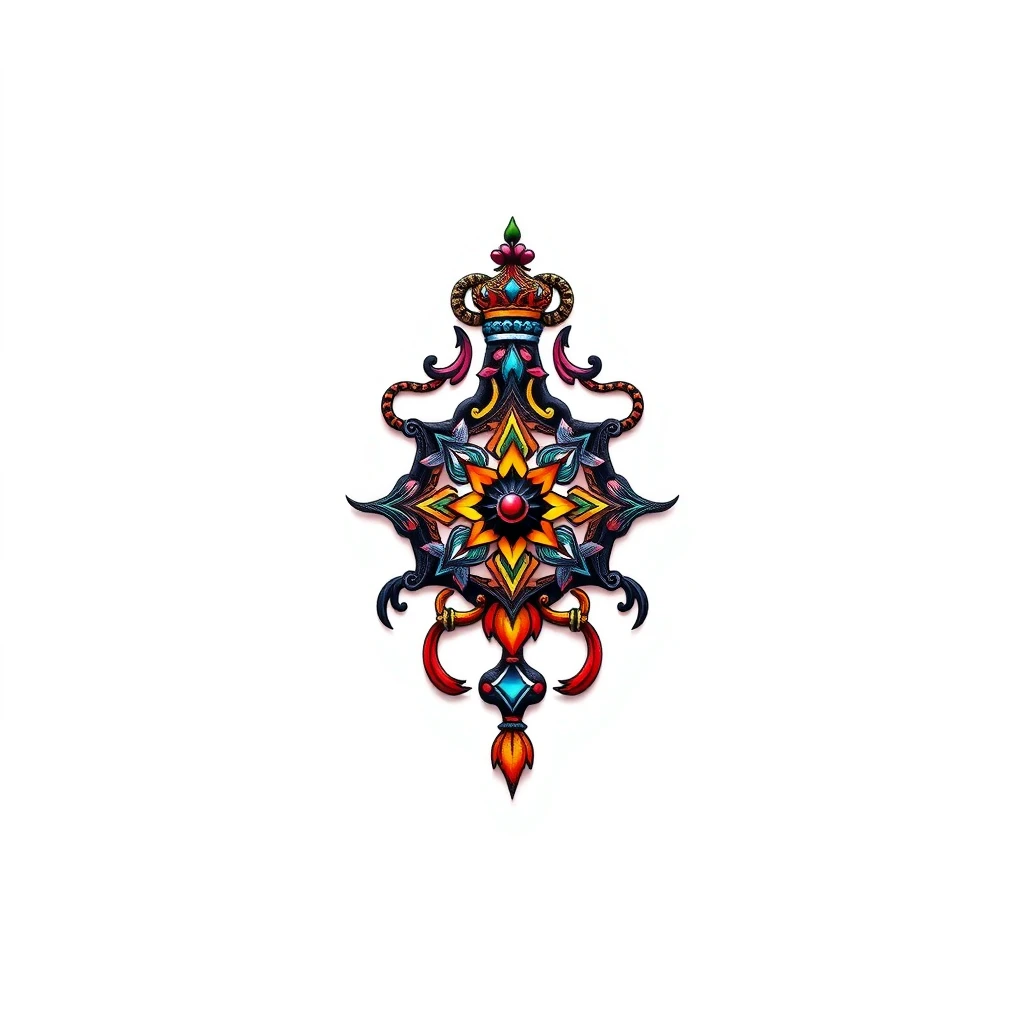 Colorful amulet tattoo design with intricate details.