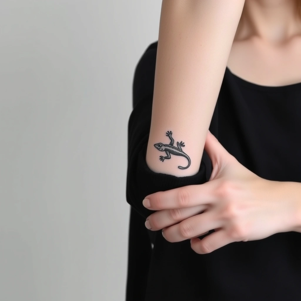 Minimalist black and white lizard tattoo on women's wrist