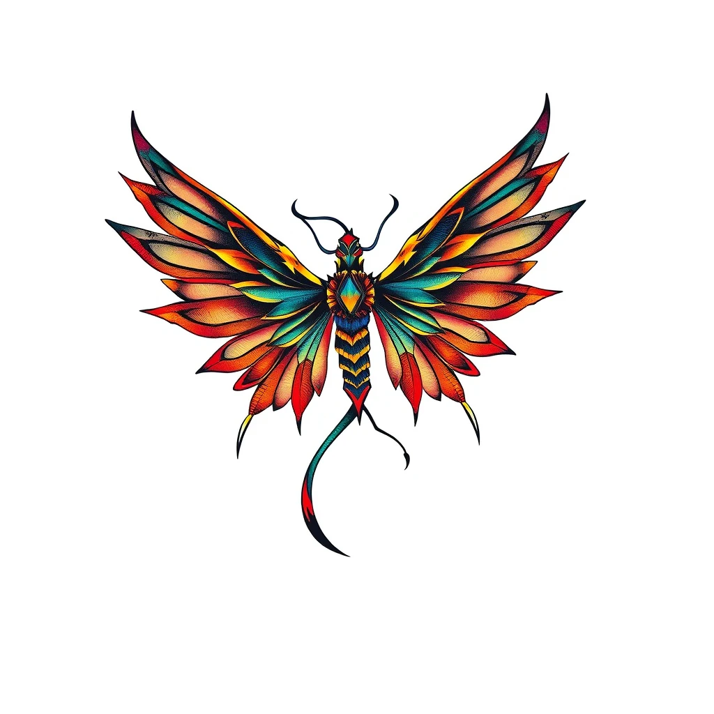 Colorful Harbinger tattoo with intricate wings