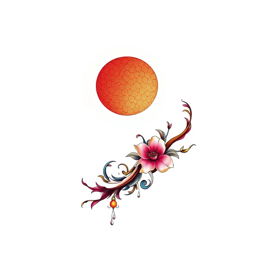 Wabi-sabi tattoo featuring floral and sun design.