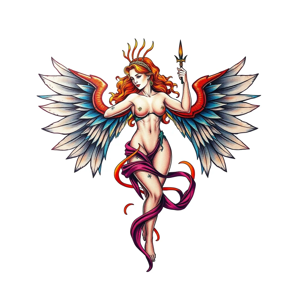 Colorful Artemis tattoo featuring wings and spear