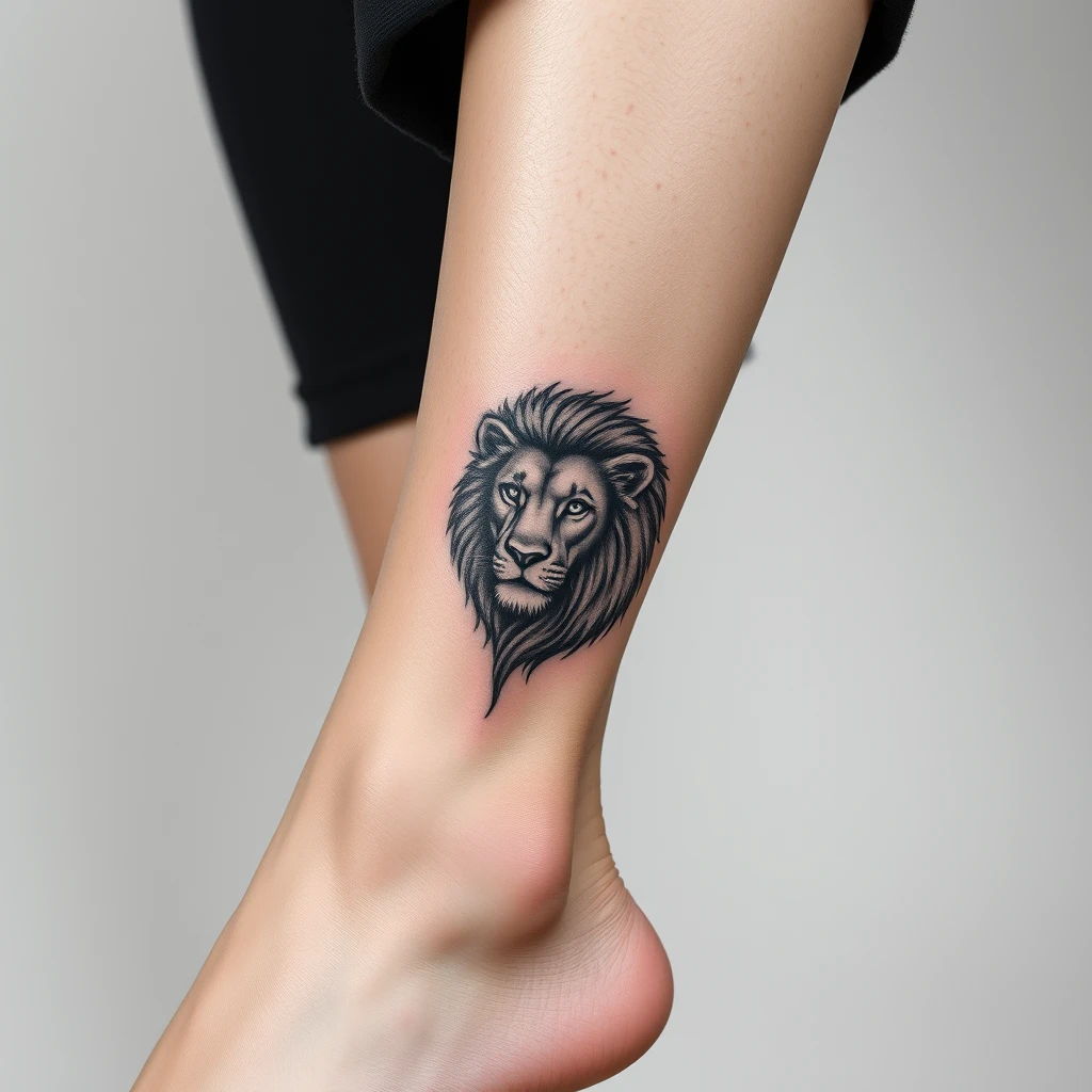 Realistic black and white lion tattoo on women's ankle