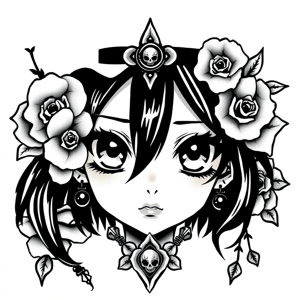 Anime memento mori tattoo in black and white