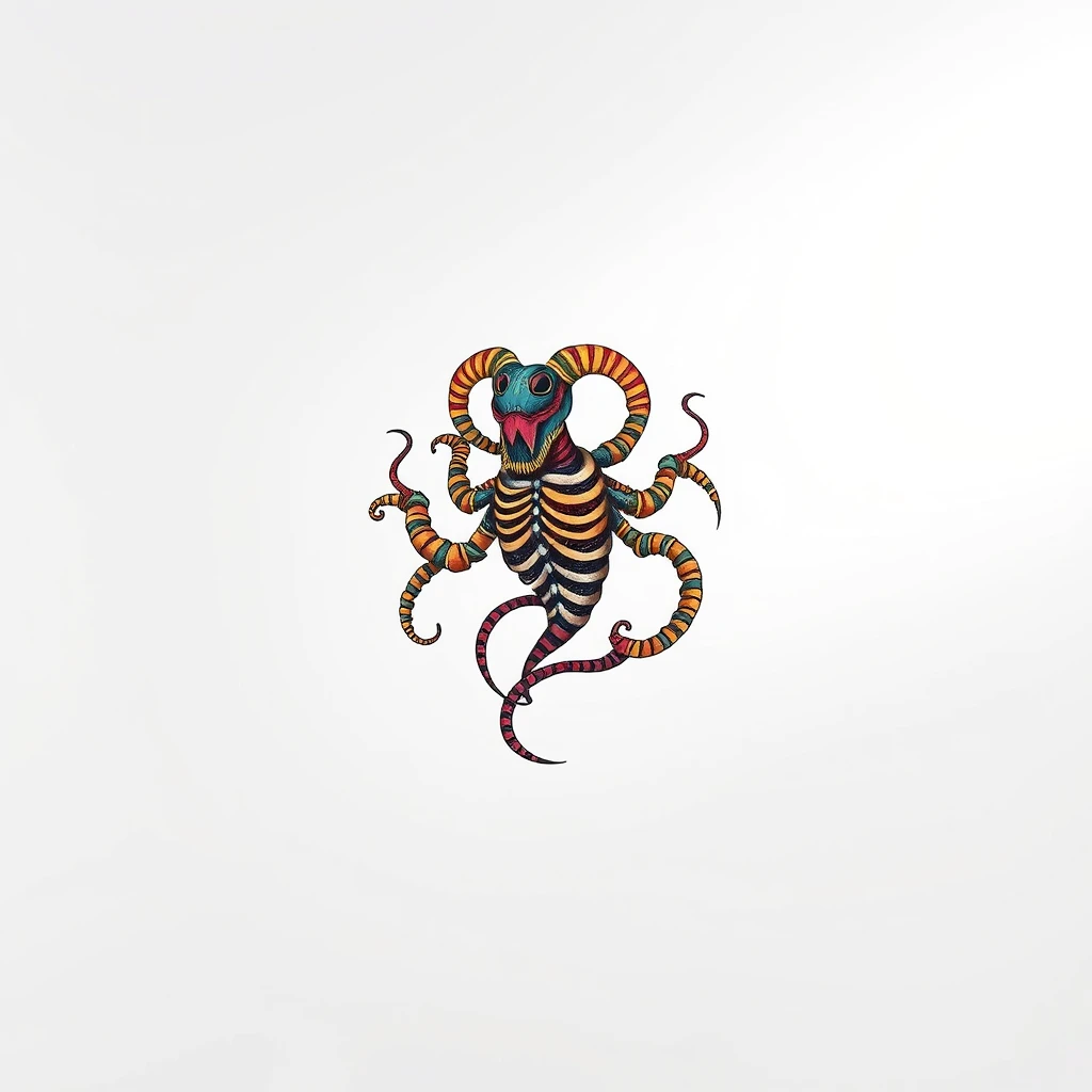 Oroborus tattoo featuring colorful skeletal octopus