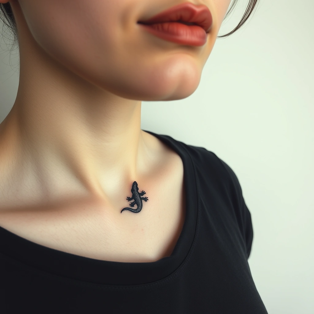 Realistic black and white lizard with gun tattoo on women's inner lip