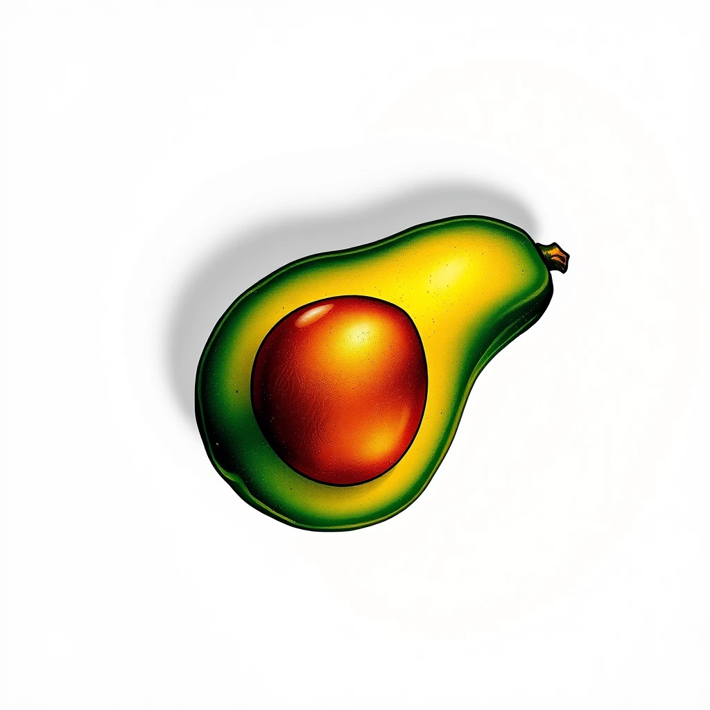 Colorful avocado tattoo with a central seed