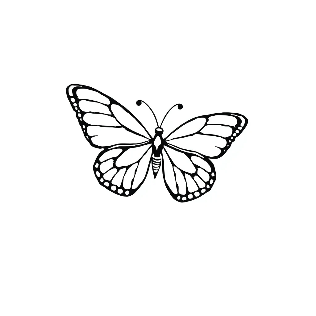 Tattoo of happy butterfly in minimalist style, black and white.