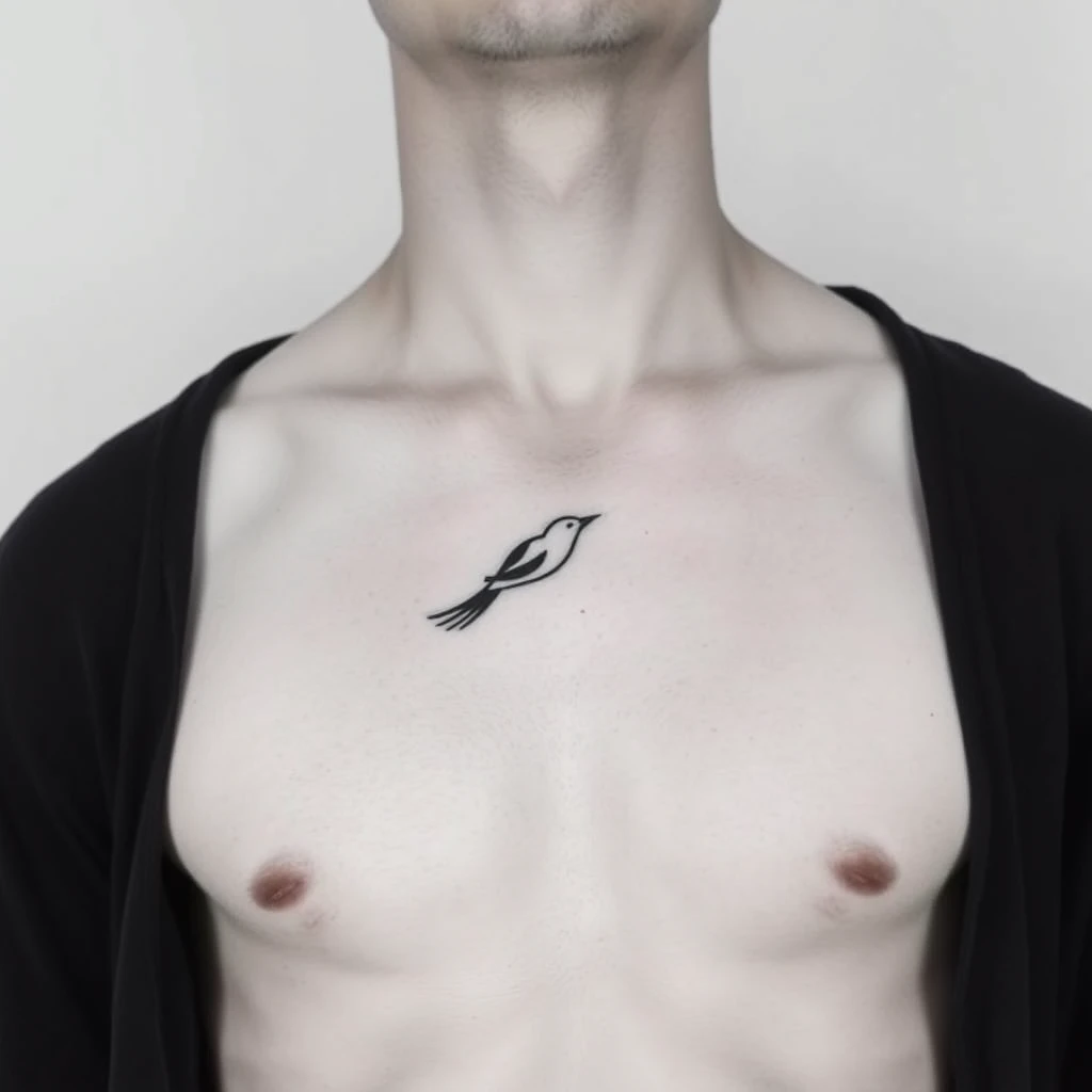 Black and white minimalist bird tattoo on men's chest