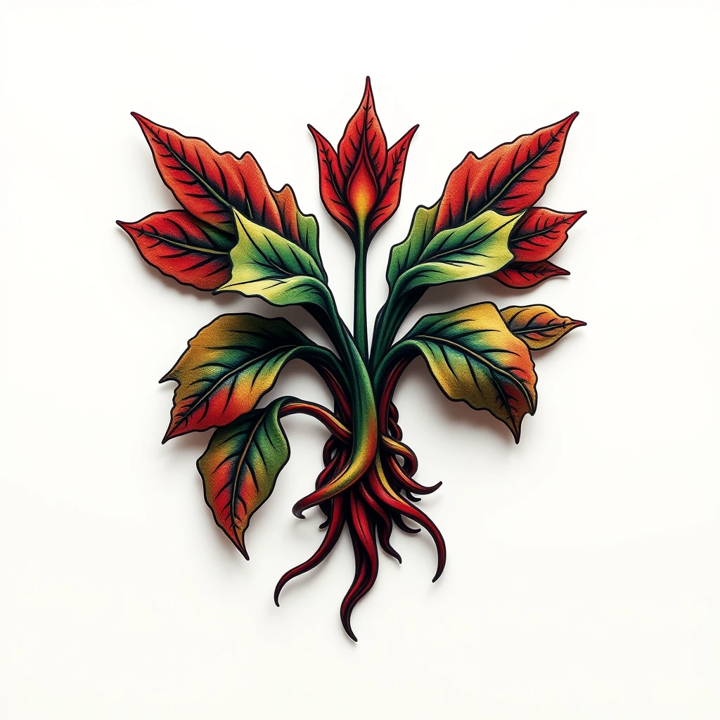 Colorful Mandrake tattoo with vibrant leaves