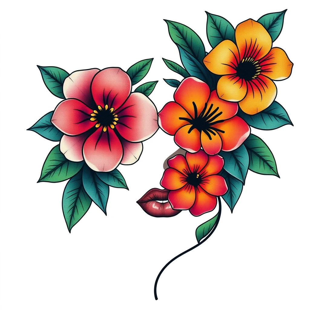 Colorful portrait tattoo of summer flowers