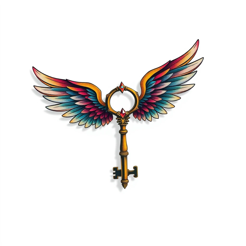 Colorful winged key tattoo with intricate details