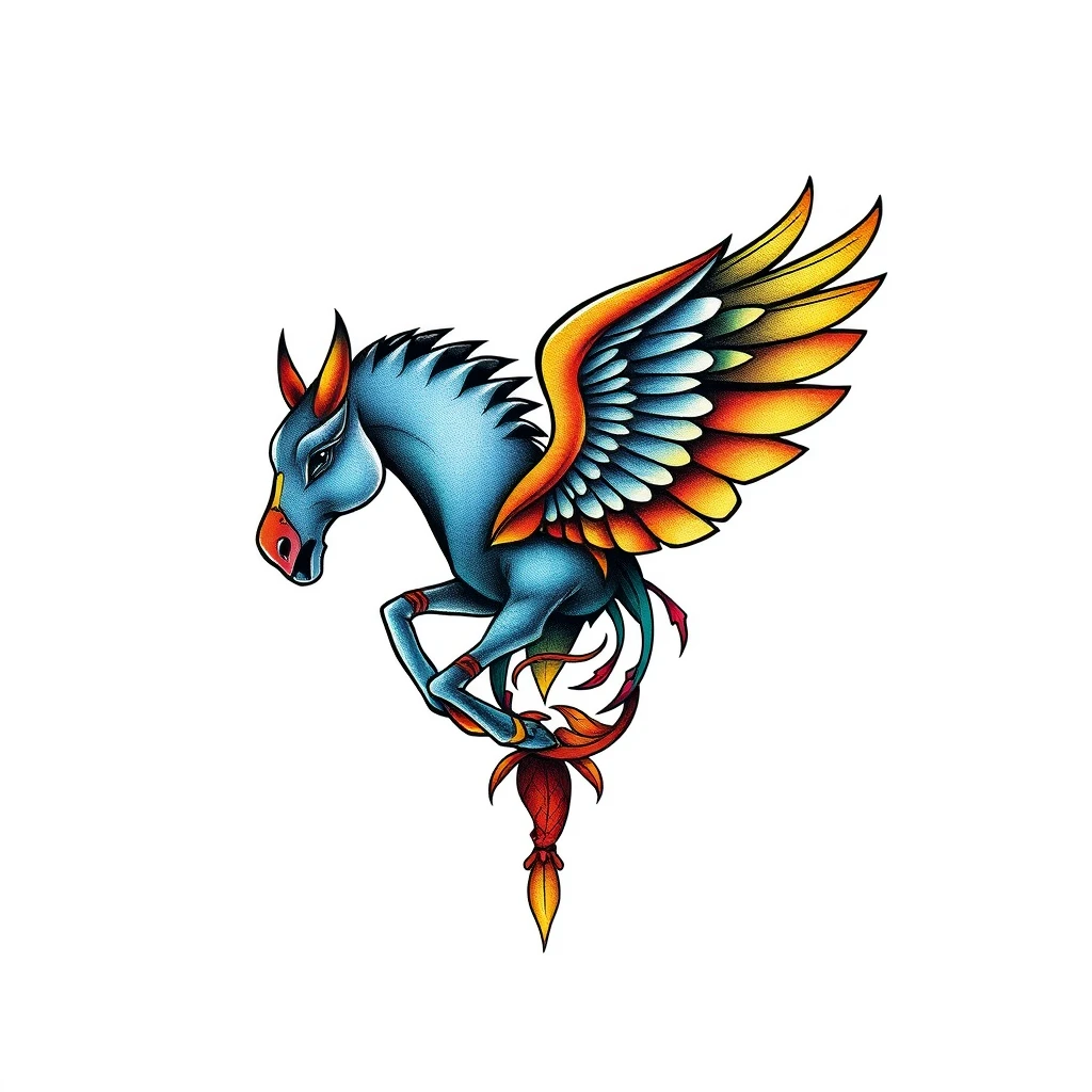 Colorful Quixotic tattoo of a winged horse