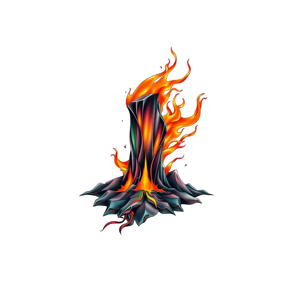 Vivid geyser tattoo with flames and rocks