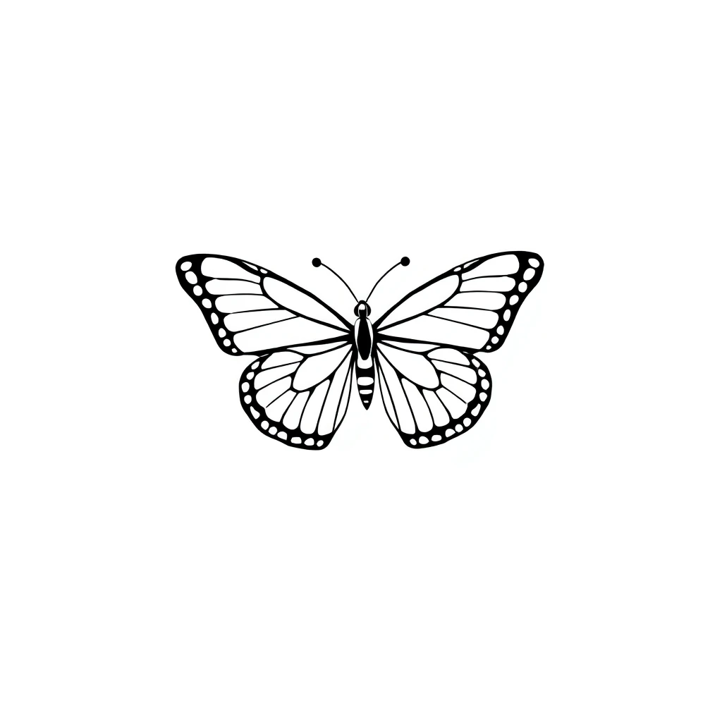 Tattoo of happy butterfly, Minimalist style, Black and white.